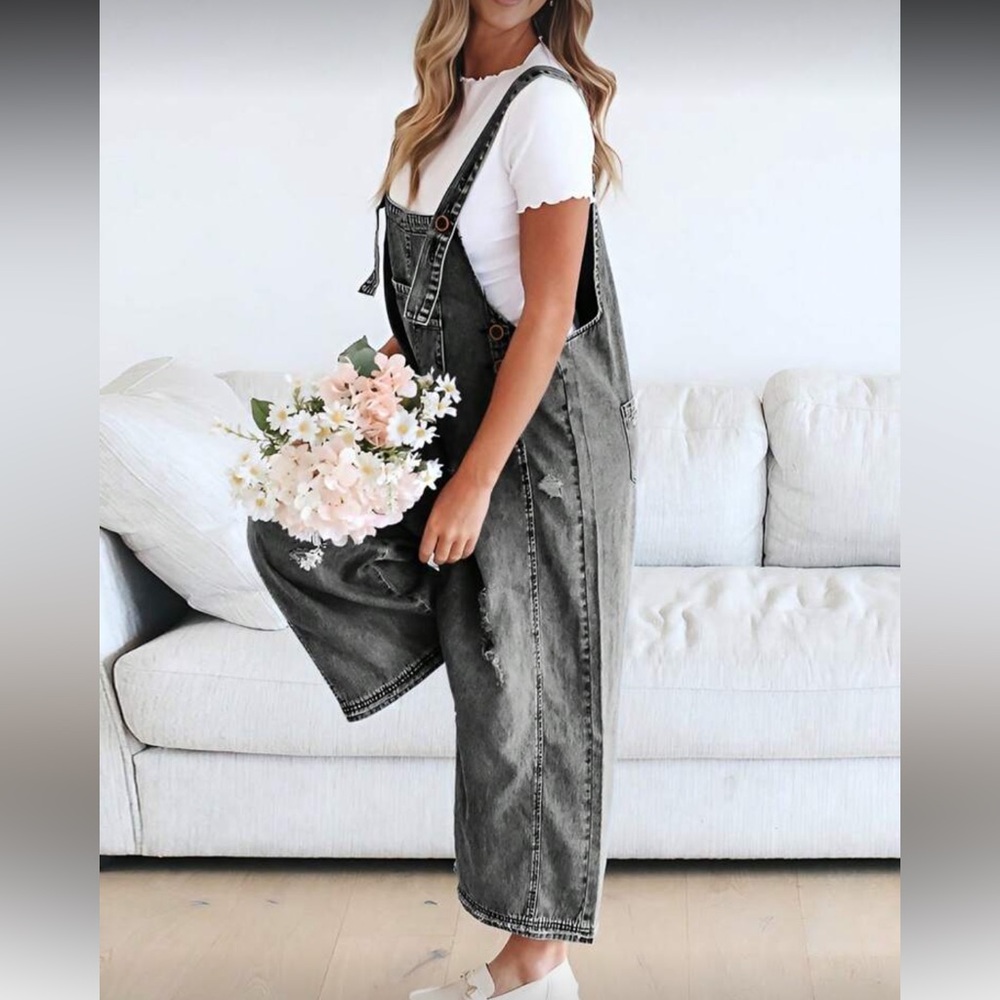Distressed Wide Leg Adjustable Strap Denim Jean Overalls - Picture 2 of 8